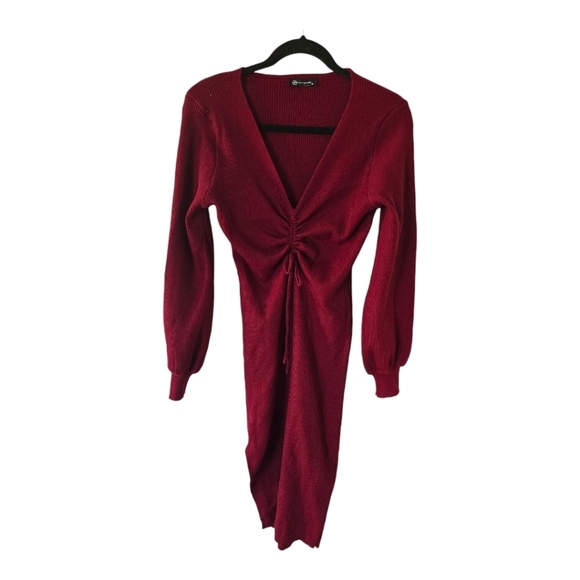 Pretty Garden Sweater Dress Women Sz M Red Midi Cap Sleeve Smocked Knit - Picture 1 of 14